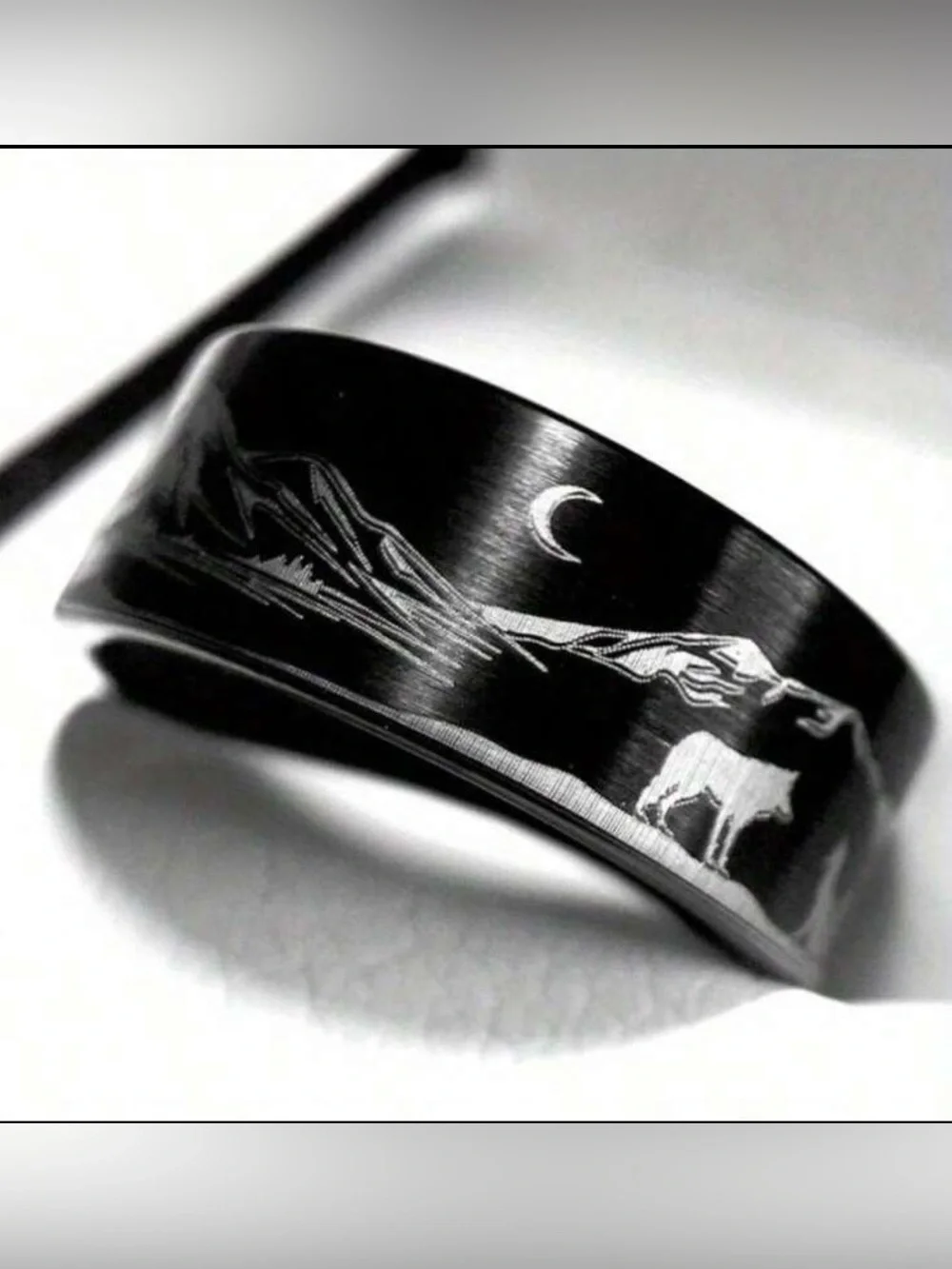 Black Mountain & Wolf Engraved Stainless Steel Ring, Wilderness Ring
